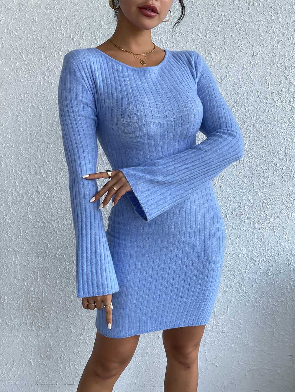 Open Back Solid Color Trumpet Sleeve Long Sweater Dress | NCS