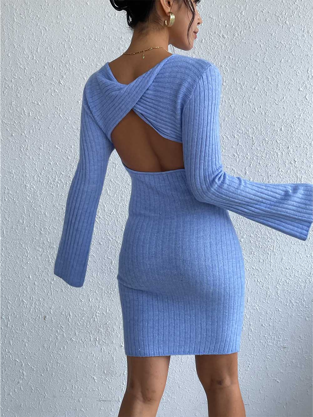 Open Back Solid Color Trumpet Sleeve Long Sweater Dress | NCS