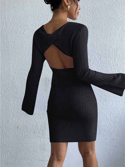 Open Back Solid Color Trumpet Sleeve Long Sweater Dress | NCS