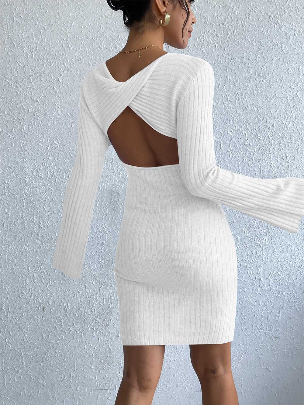 Open Back Solid Color Trumpet Sleeve Long Sweater Dress | NCS