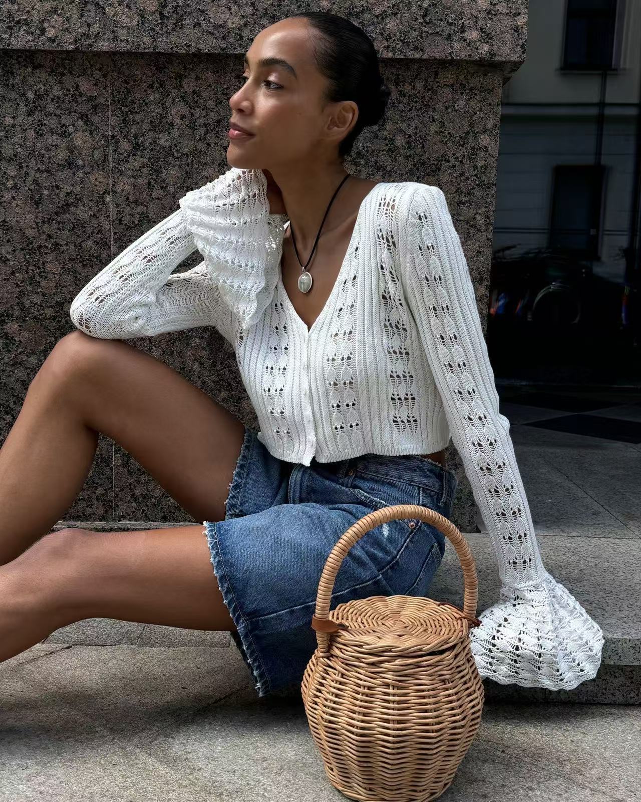 Openwork Bell-Sleeve Knit Cardigan