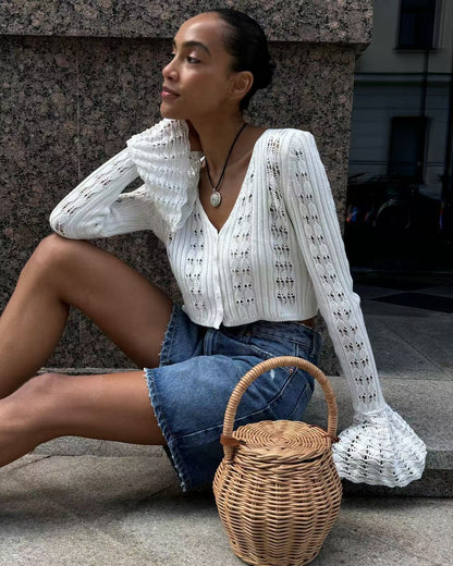 Openwork Bell-Sleeve Knit Cardigan