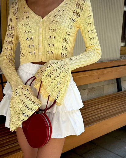 Openwork Bell-Sleeve Knit Cardigan