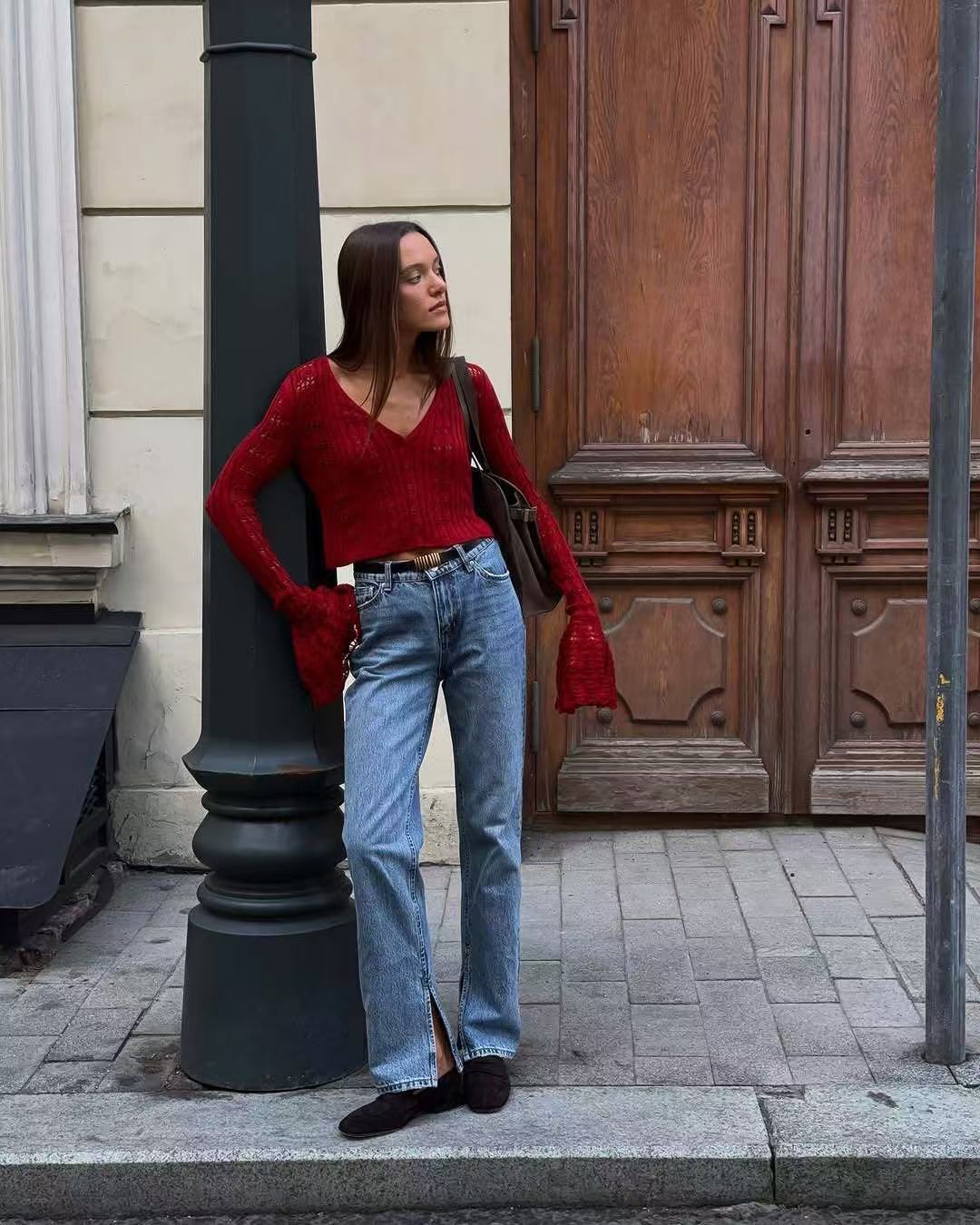 Openwork Bell-Sleeve Knit Cardigan