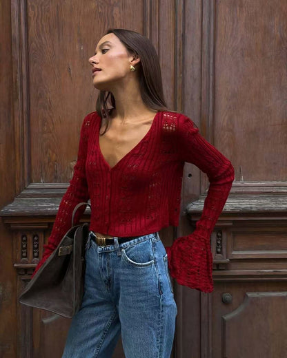 Openwork Bell-Sleeve Knit Cardigan