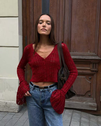 Openwork Bell-Sleeve Knit Cardigan