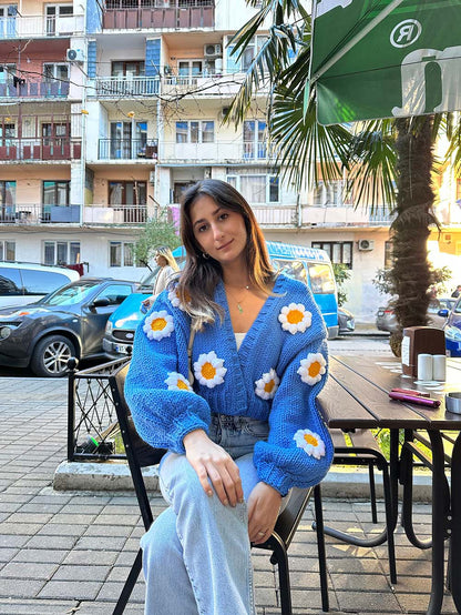 Oversize Handmade Blue Floral Cardigan | NCS