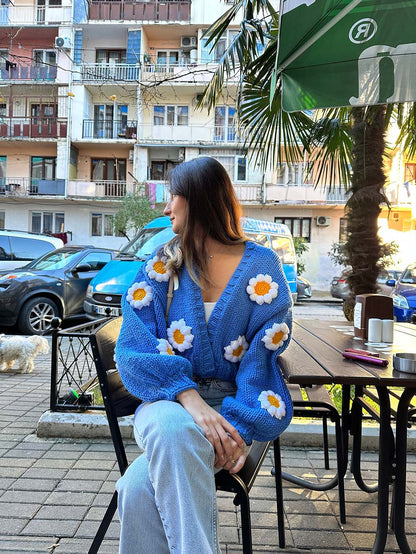 Oversize Handmade Blue Floral Cardigan | NCS