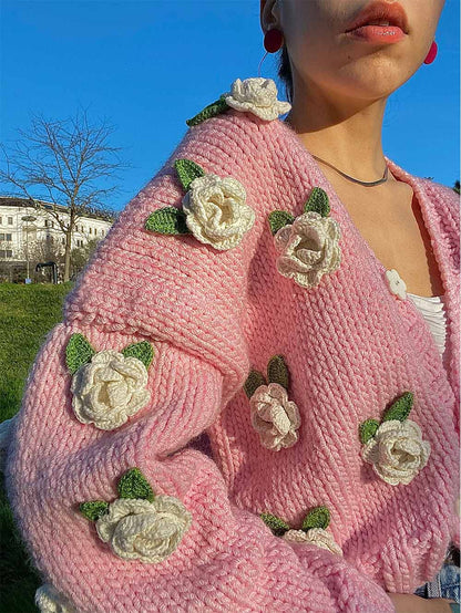 Pink Women Cardigan Sweater with Red Rose | NCS