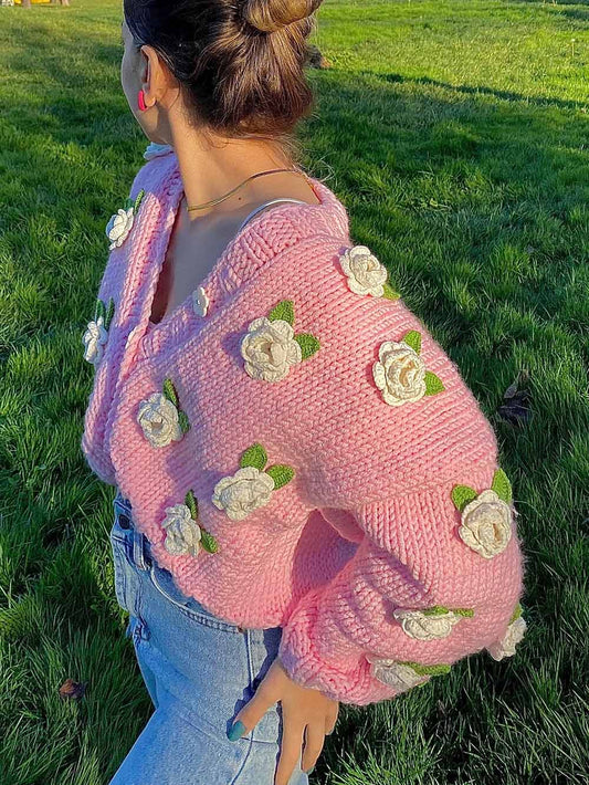 Pink Women Cardigan Sweater with Red Rose | NCS