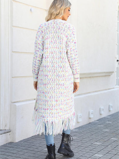 Plus-Size Tassel Fringe Long Cardigan with Colorful Thread Weaving | NCS