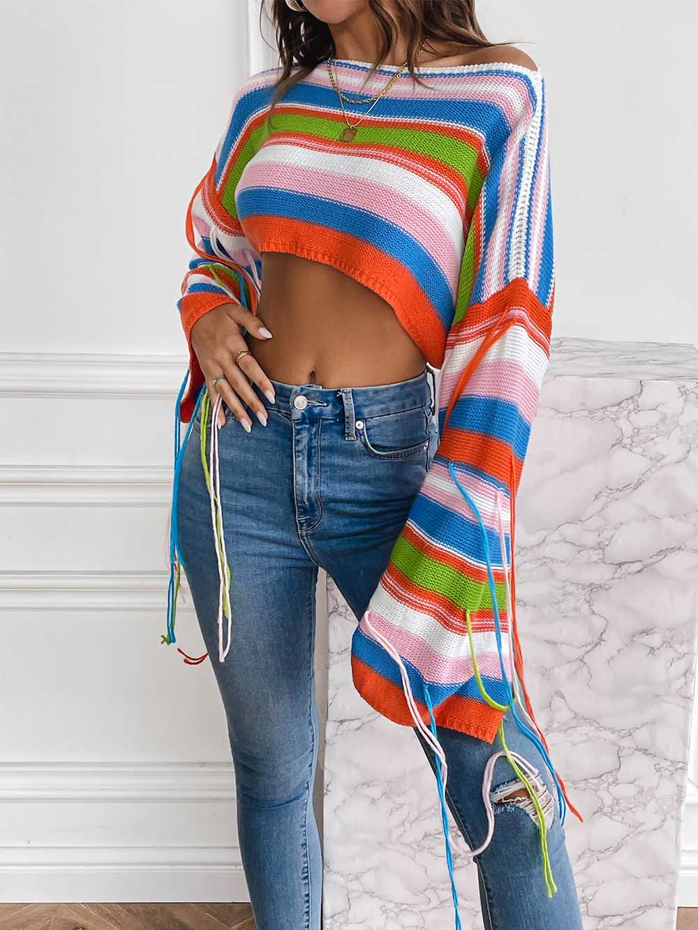 Rainbow Fringe Ultra-Short Loose Crop Knit Sweater | NCS