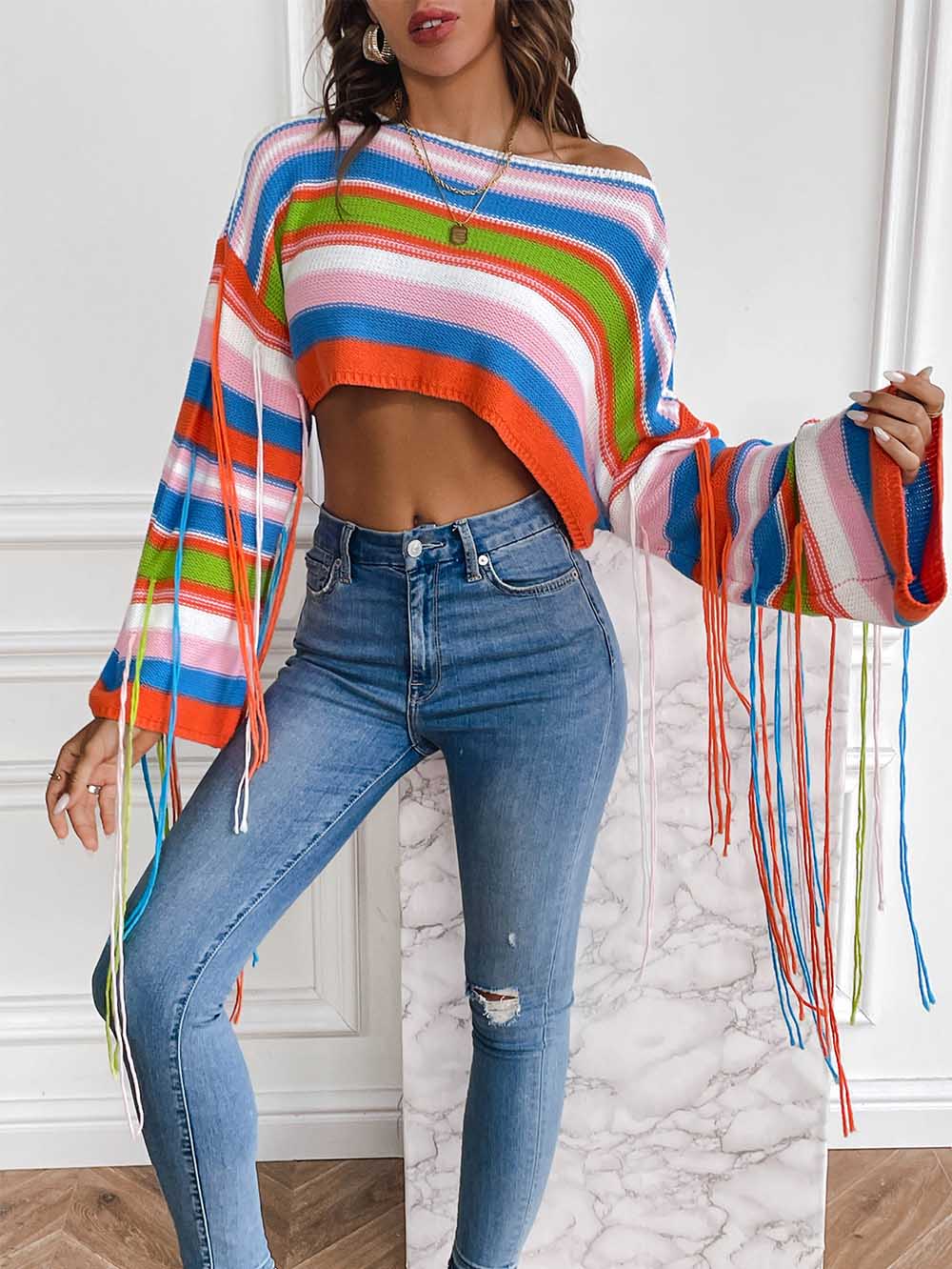 Rainbow Fringe Ultra-Short Loose Crop Knit Sweater | NCS