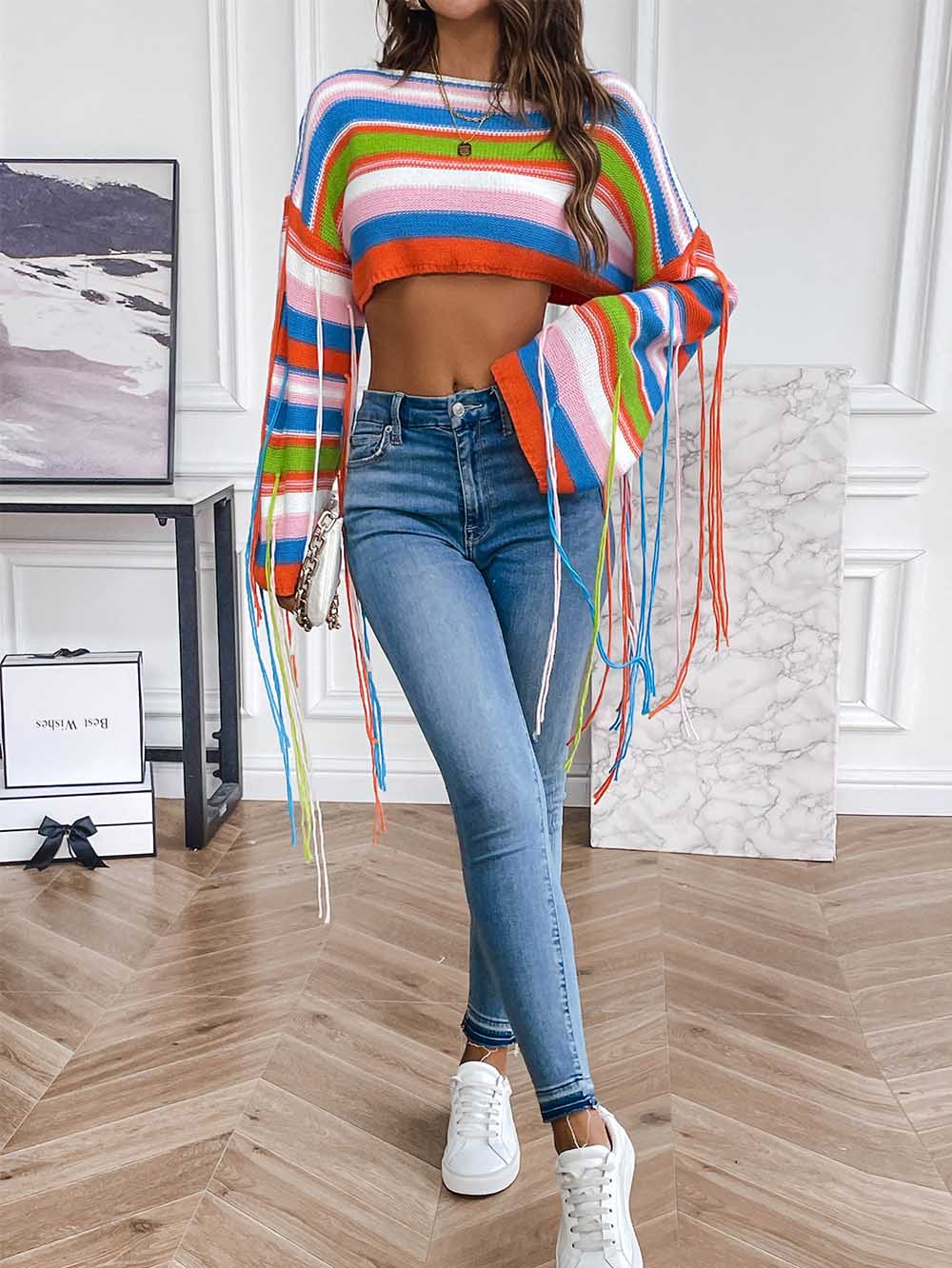 Rainbow Fringe Ultra-Short Loose Crop Knit Sweater | NCS