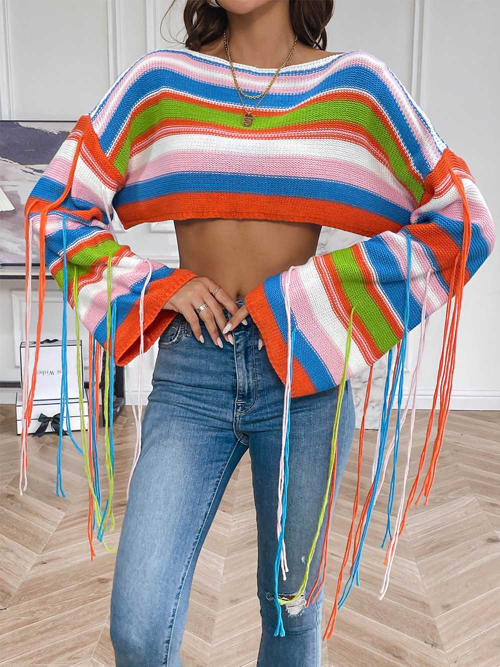 Rainbow Fringe Ultra-Short Loose Crop Knit Sweater | NCS