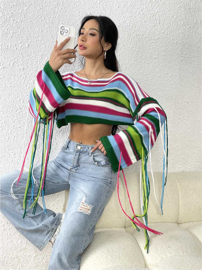 Rainbow Fringe Ultra-Short Loose Crop Knit Sweater | NCS