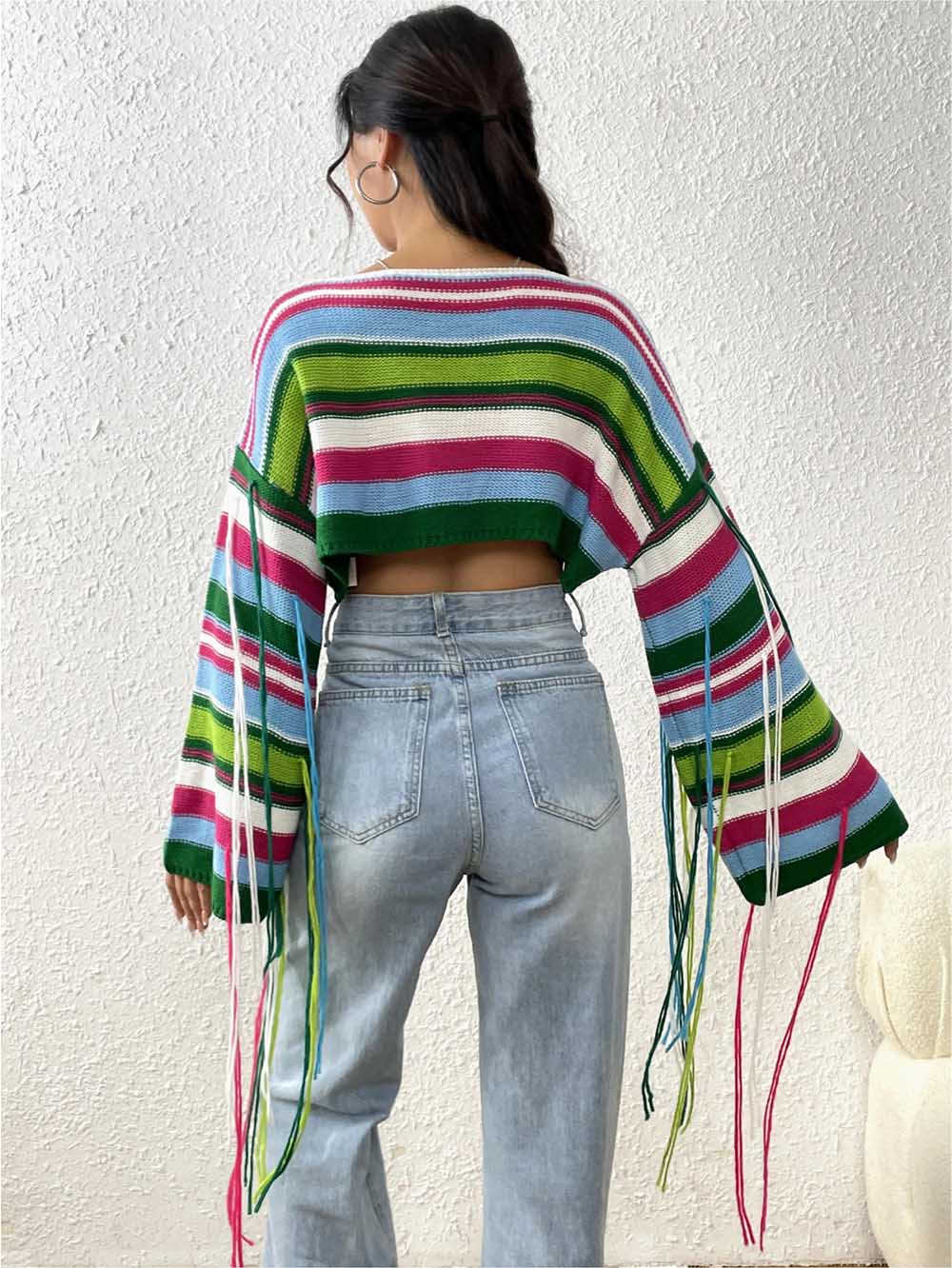 Rainbow Fringe Ultra-Short Loose Crop Knit Sweater | NCS