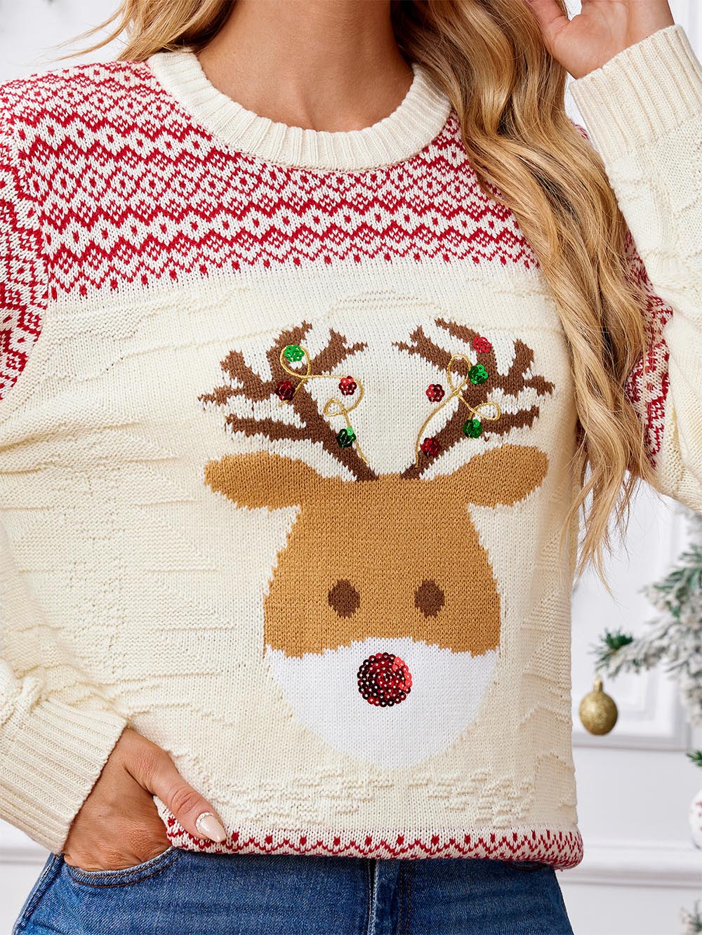 Reindeer Sequin Embroidered Ugly Christmas Sweater | NCS