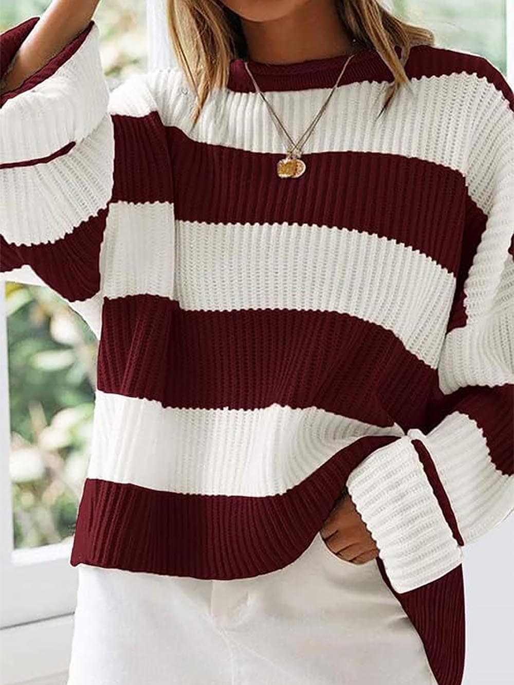 Relaxed Round Neck Striped Bell Sleeve Sweater | NCS