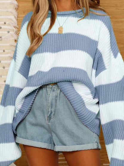 Relaxed Round Neck Striped Bell Sleeve Sweater | NCS