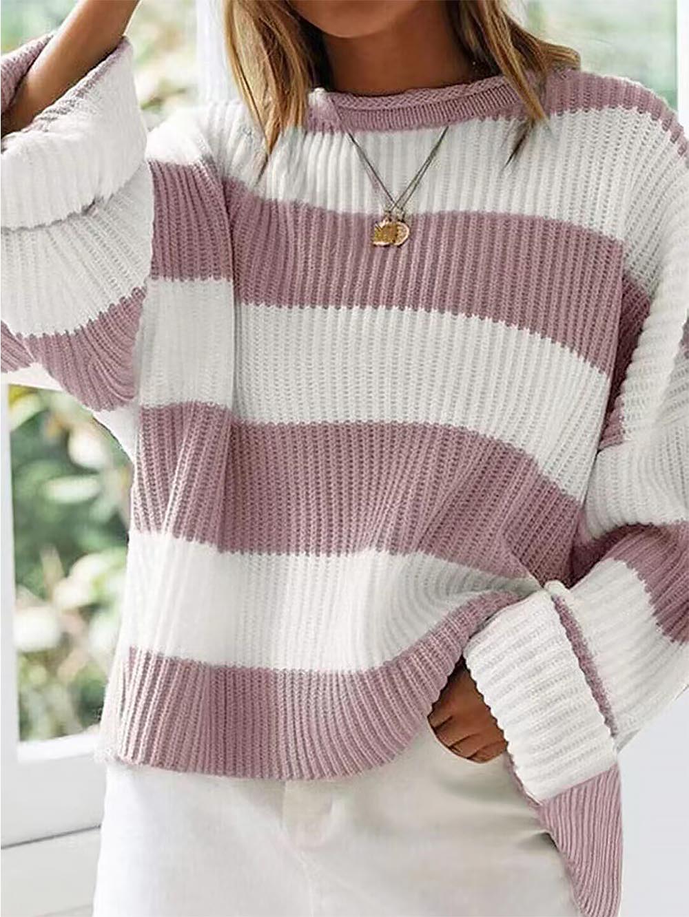 Relaxed Round Neck Striped Bell Sleeve Sweater | NCS