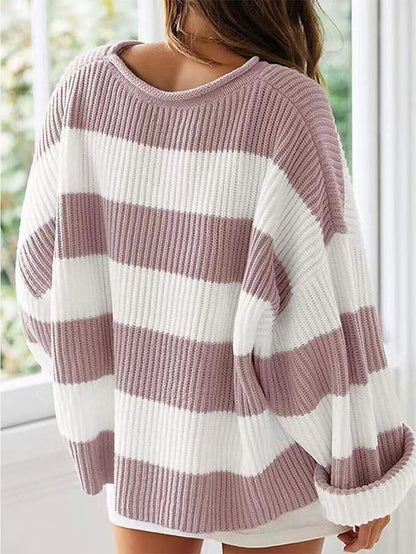 Relaxed Round Neck Striped Bell Sleeve Sweater | NCS