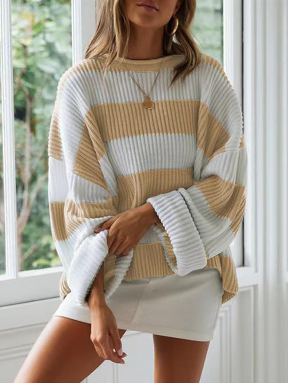 Relaxed Round Neck Striped Bell Sleeve Sweater | NCS