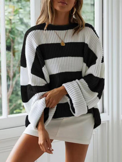 Relaxed Round Neck Striped Bell Sleeve Sweater | NCS