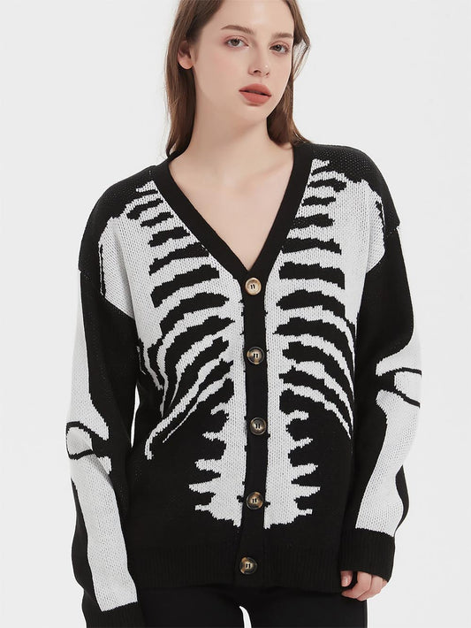 Retro Skull Printed Long Sleeve Cardigan Sweater | NCS