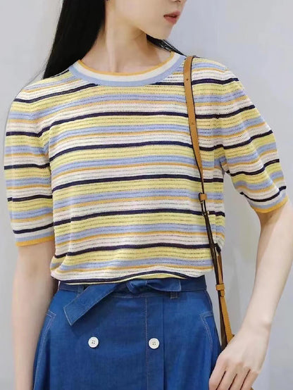 Short-Sleeve Rainbow Striped Knit Top with Round Neck | NCS