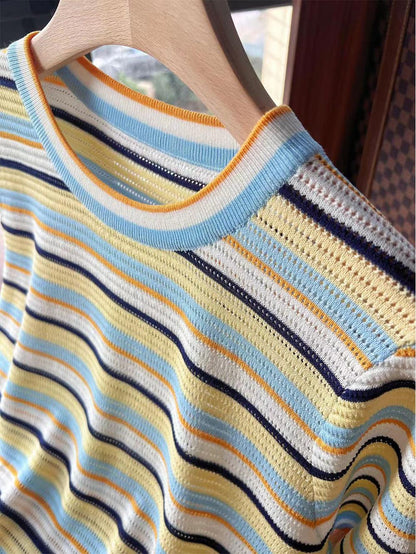 Short-Sleeve Rainbow Striped Knit Top with Round Neck | NCS