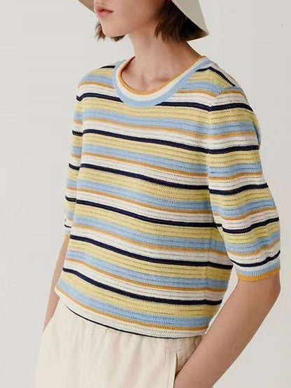 Short-Sleeve Rainbow Striped Knit Top with Round Neck | NCS