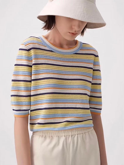 Short-Sleeve Rainbow Striped Knit Top with Round Neck | NCS