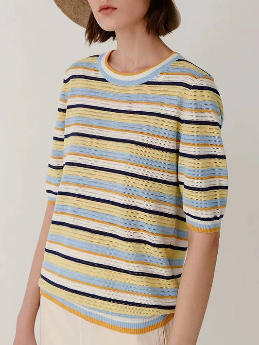 Short-Sleeve Rainbow Striped Knit Top with Round Neck | NCS