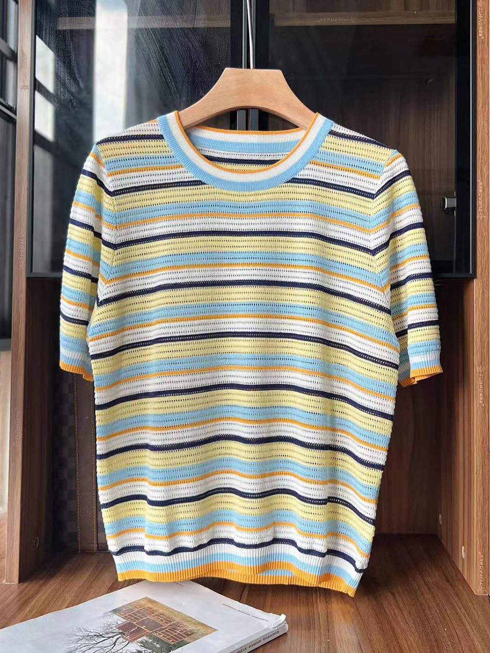 Short-Sleeve Rainbow Striped Knit Top with Round Neck | NCS