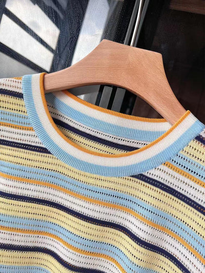 Short-Sleeve Rainbow Striped Knit Top with Round Neck | NCS