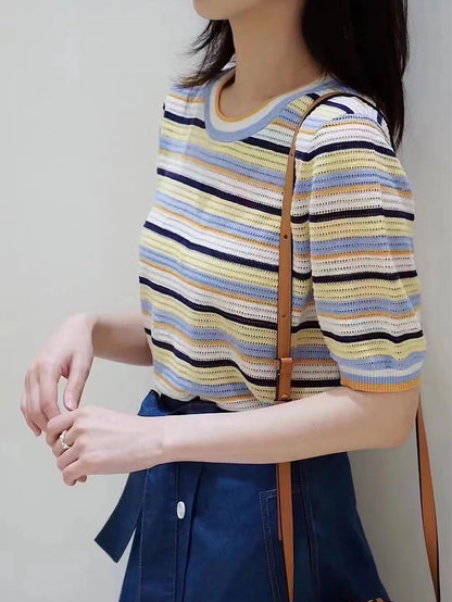 Short-Sleeve Rainbow Striped Knit Top with Round Neck | NCS