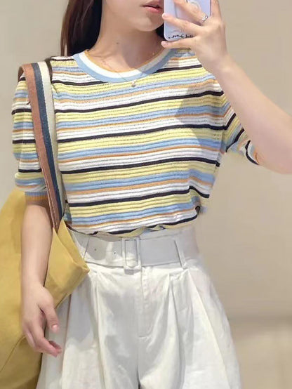 Short-Sleeve Rainbow Striped Knit Top with Round Neck | NCS