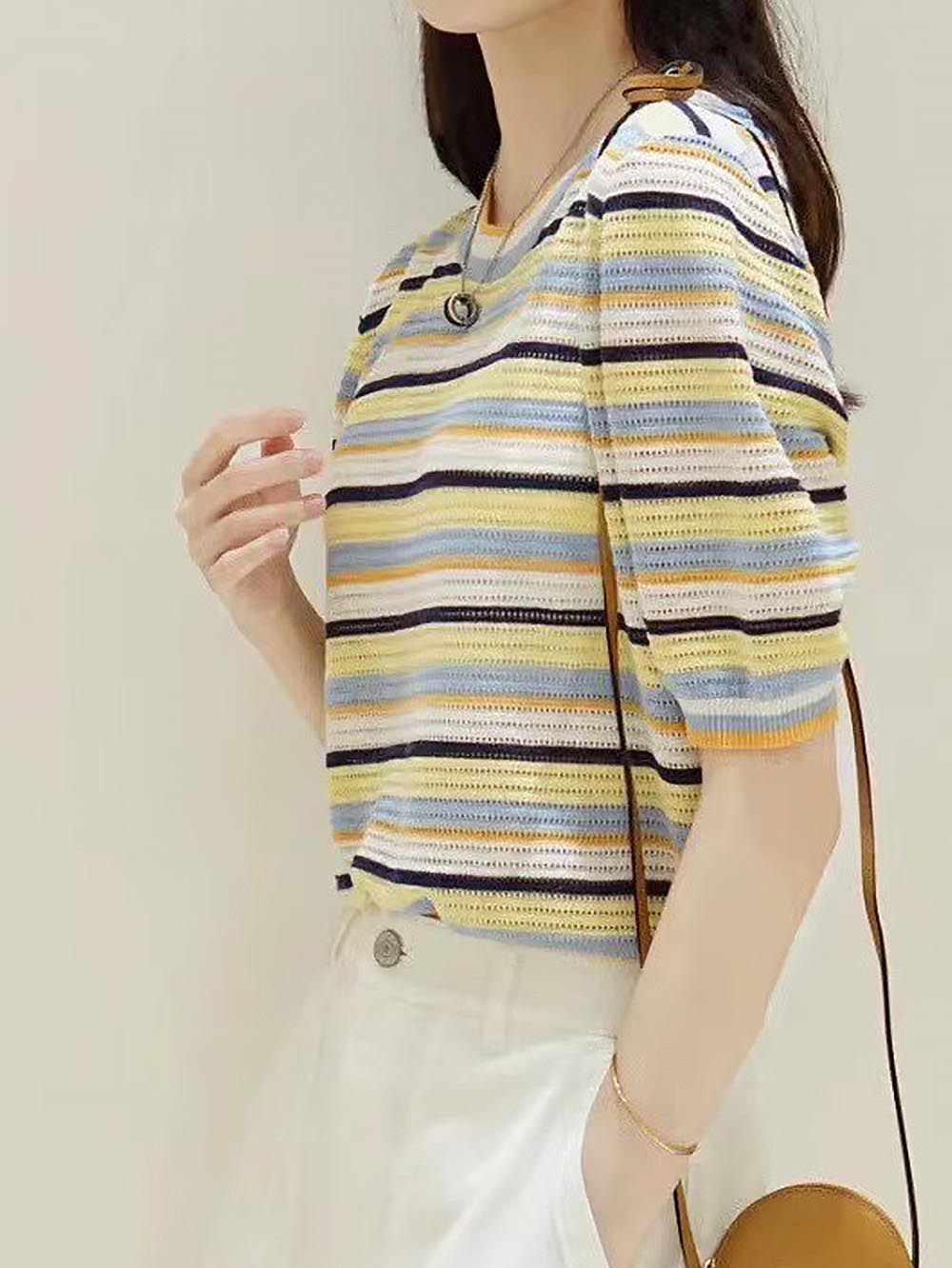 Short-Sleeve Rainbow Striped Knit Top with Round Neck | NCS