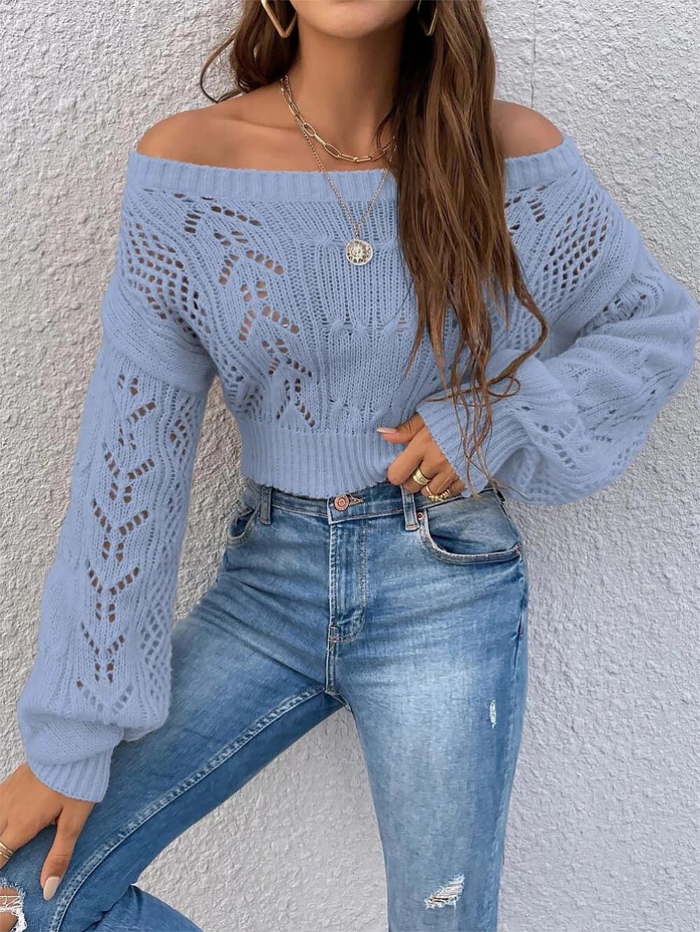 Short Hollow Out Off-Shoulder Knit Sweater | NCS