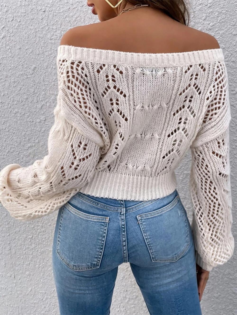 Short Hollow Out Off-Shoulder Knit Sweater | NCS