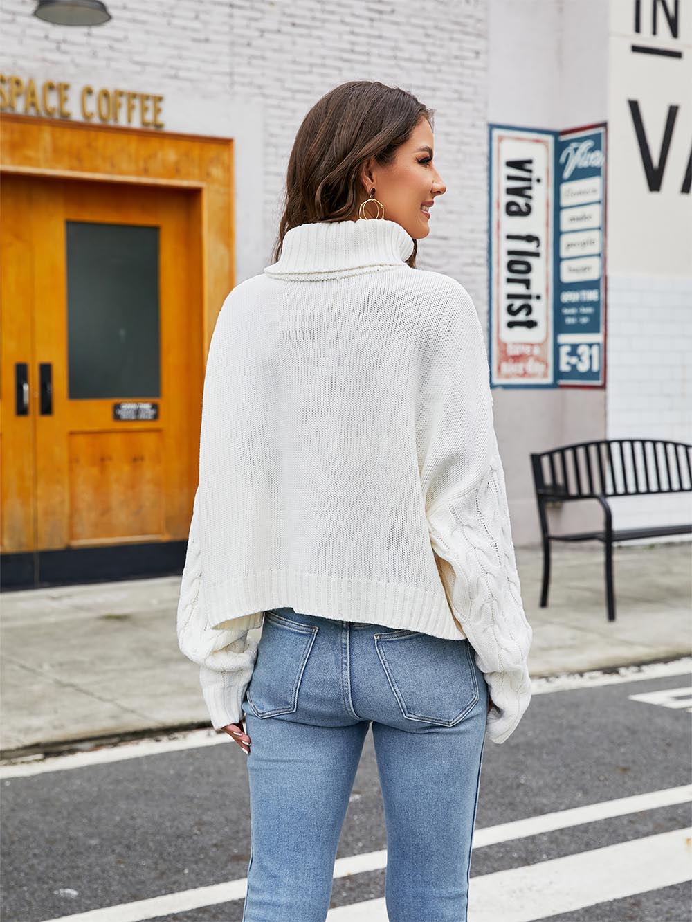 Short Loose Fit Chunky Cable Knit Turtleneck Sweater | NCS