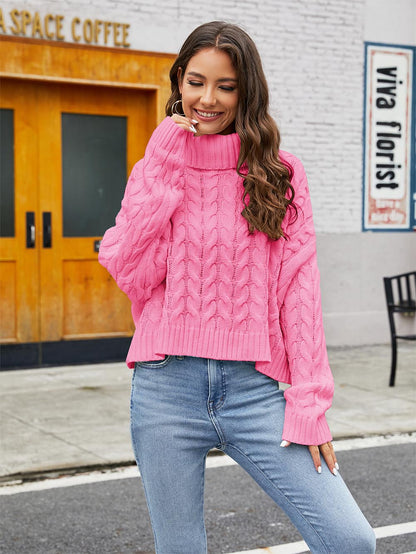 Short Loose Fit Chunky Cable Knit Turtleneck Sweater | NCS