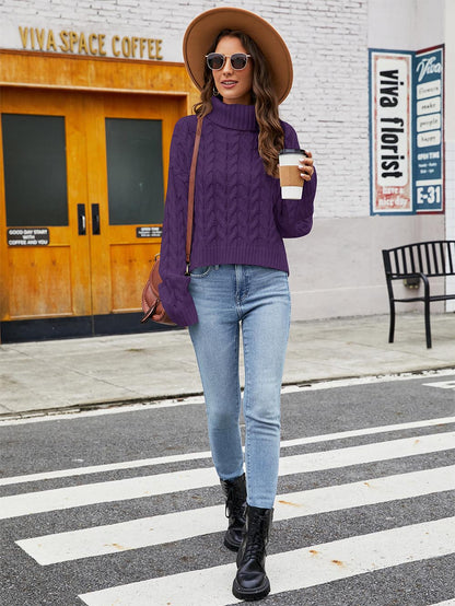 Short Loose Fit Chunky Cable Knit Turtleneck Sweater | NCS