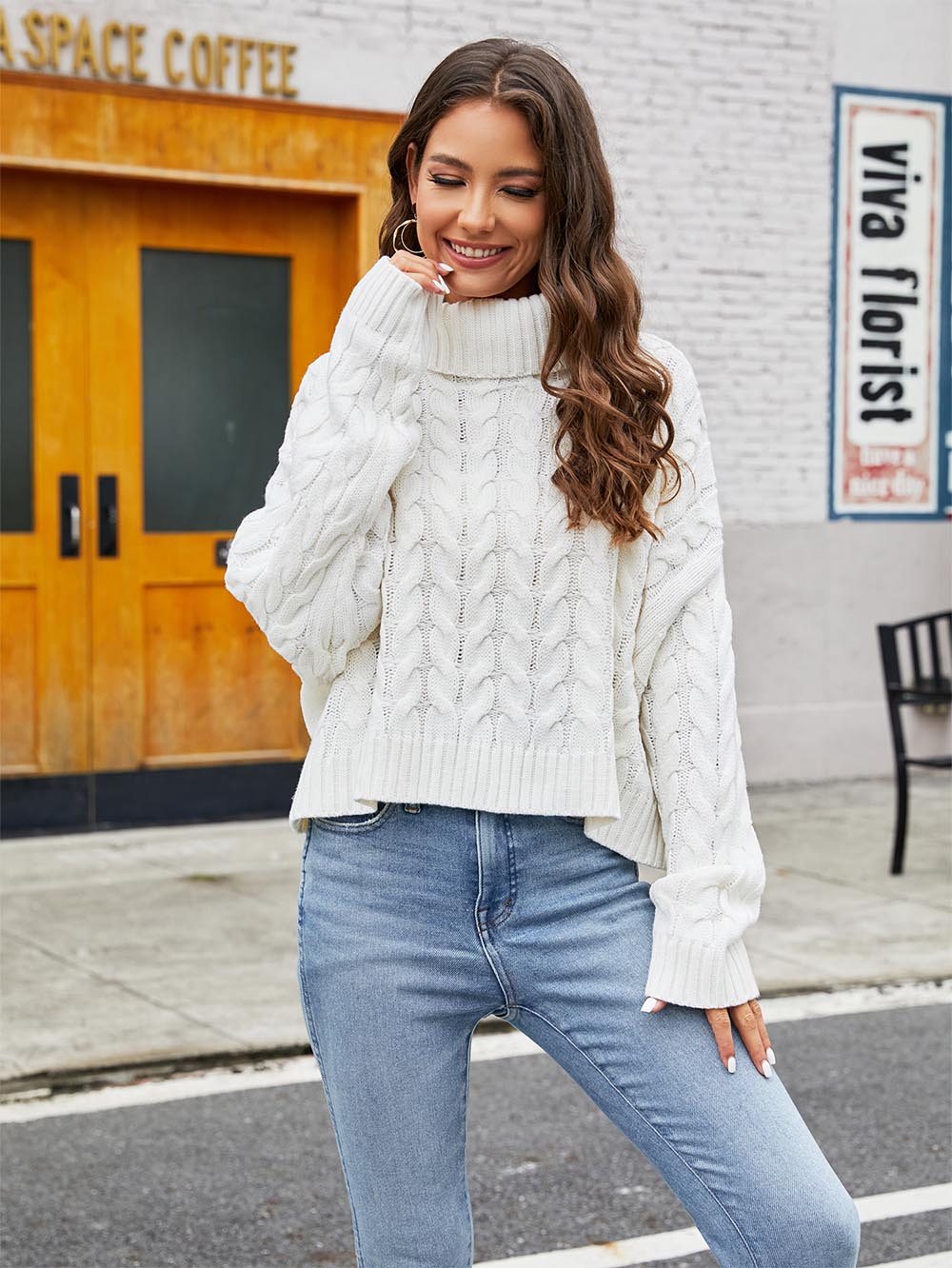 Short Loose Fit Chunky Cable Knit Turtleneck Sweater | NCS