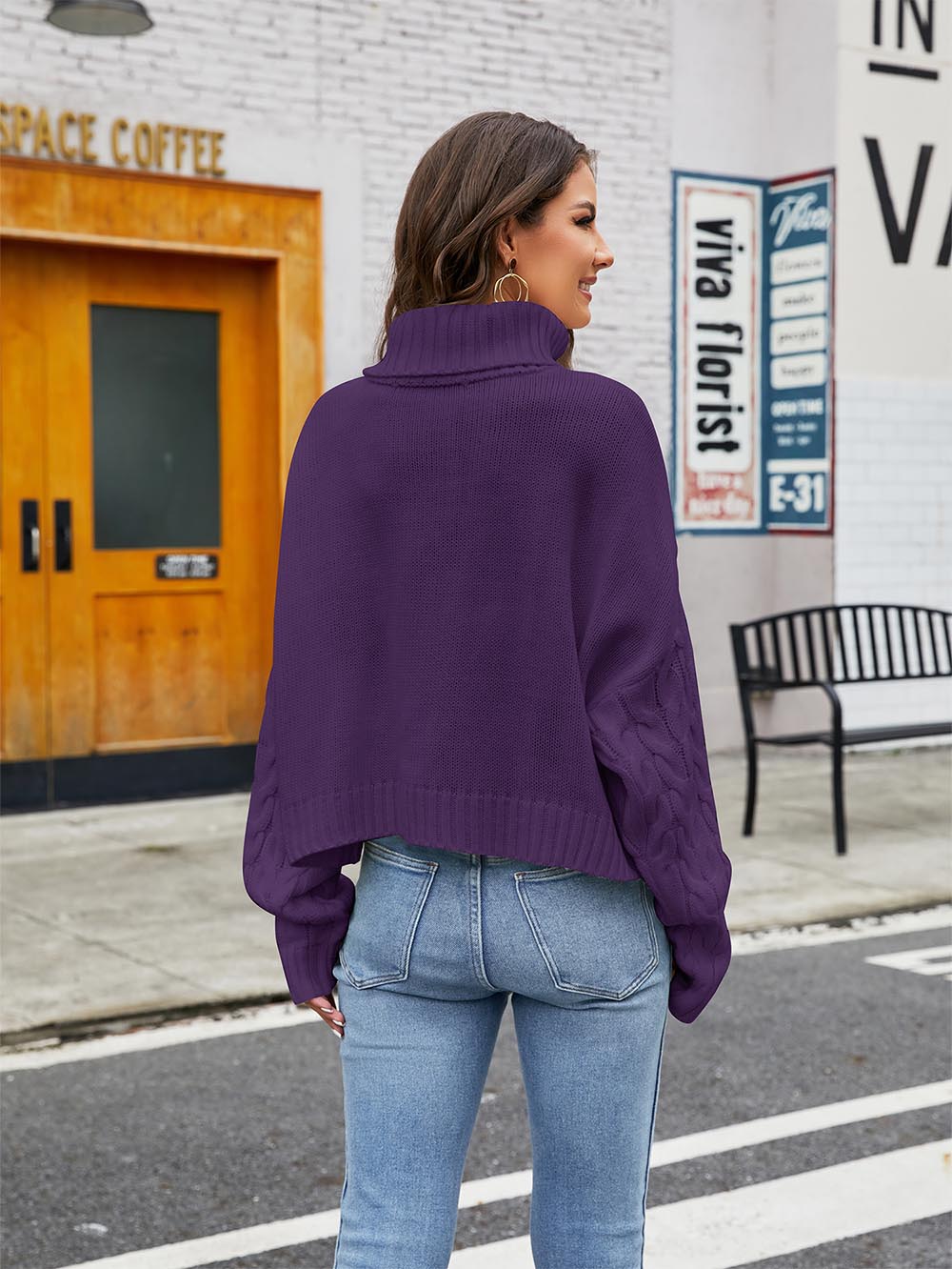 Short Loose Fit Chunky Cable Knit Turtleneck Sweater | NCS