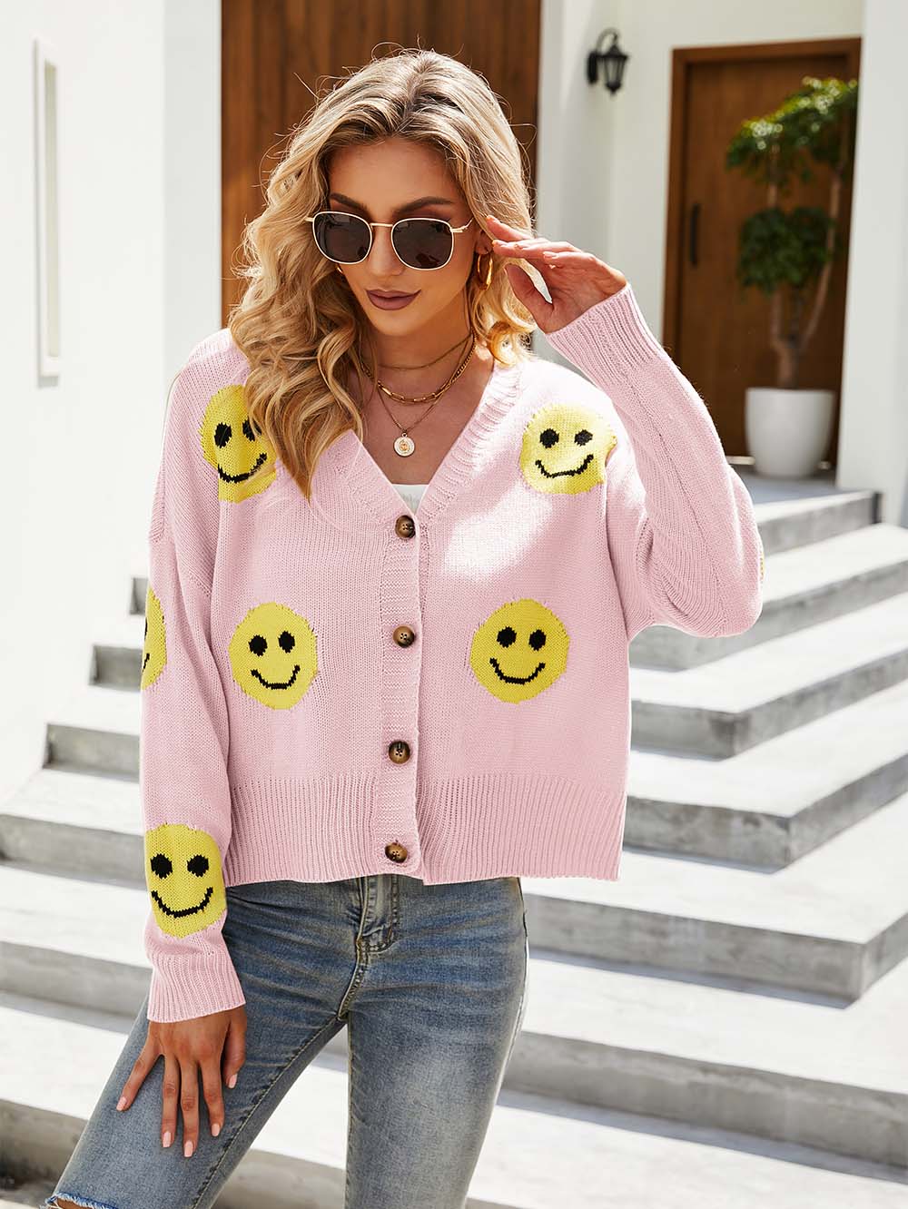 Smiley Face Long Sleeve Loose Knit Cardigan | NCS