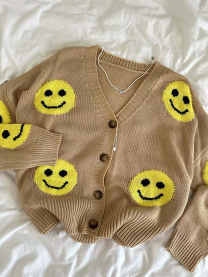 Smiley Face Long Sleeve Loose Knit Cardigan | NCS