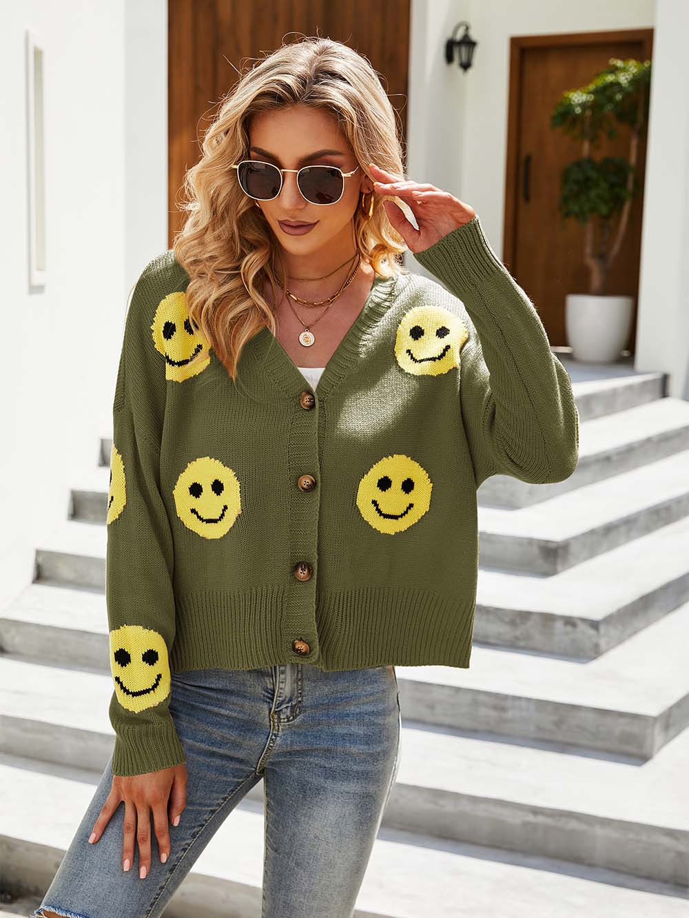 Smiley Face Long Sleeve Loose Knit Cardigan | NCS