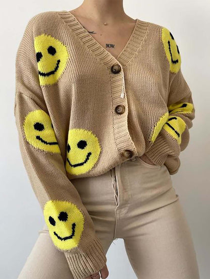 Smiley Face Long Sleeve Loose Knit Cardigan | NCS